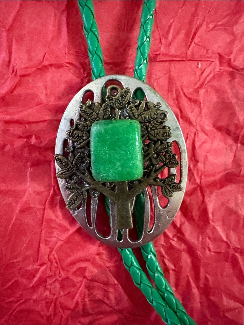 Green Tree of Life Bolo Tie with Braided Cord